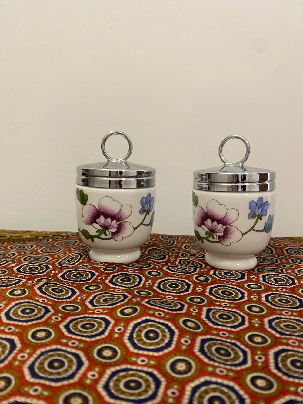 Pair of Royal Worcester porcelain egg coddlers
